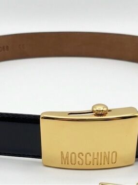 Vintage Moschino Black Leather Slide Buckle Belt with gold plate stamped logon